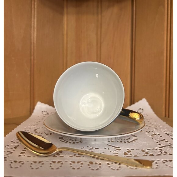 Vintage Teal Blue Gold Mismatched Teacup Saucer Gold Spoon MZ Czechoslovakia - Picture 3 of 10